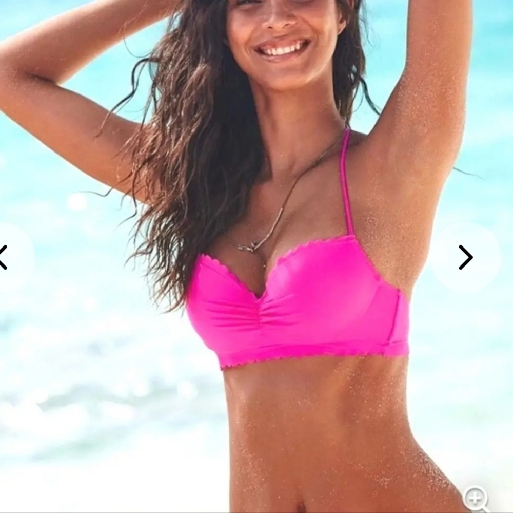 Victoria's Secret Getaway Neon Pink Scalloped Push Up Bikini Top Tie Neck 32A